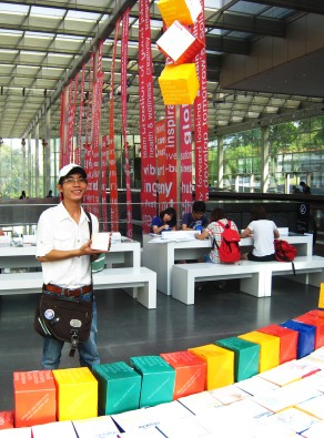 In National Museum of Singapore, 2011. The colorful paper boxes were created for people to draw or inscribe their dreams and hopes of Singapore.